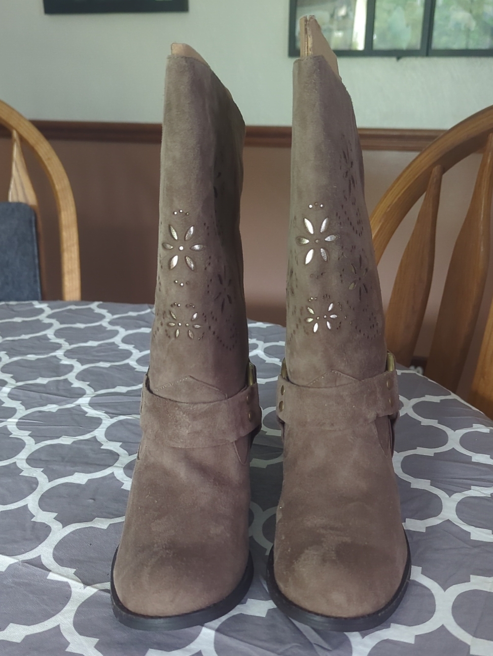 Two Lips Taupe Suede Laser-Cut Mid-Calf Heeled Boots